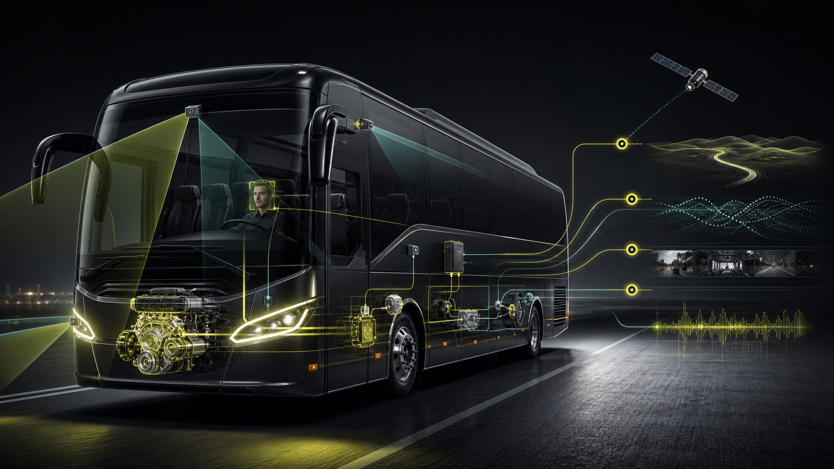 Ônibus conectado por câmeras, inteligência artificial, rede CAN e posicionamento